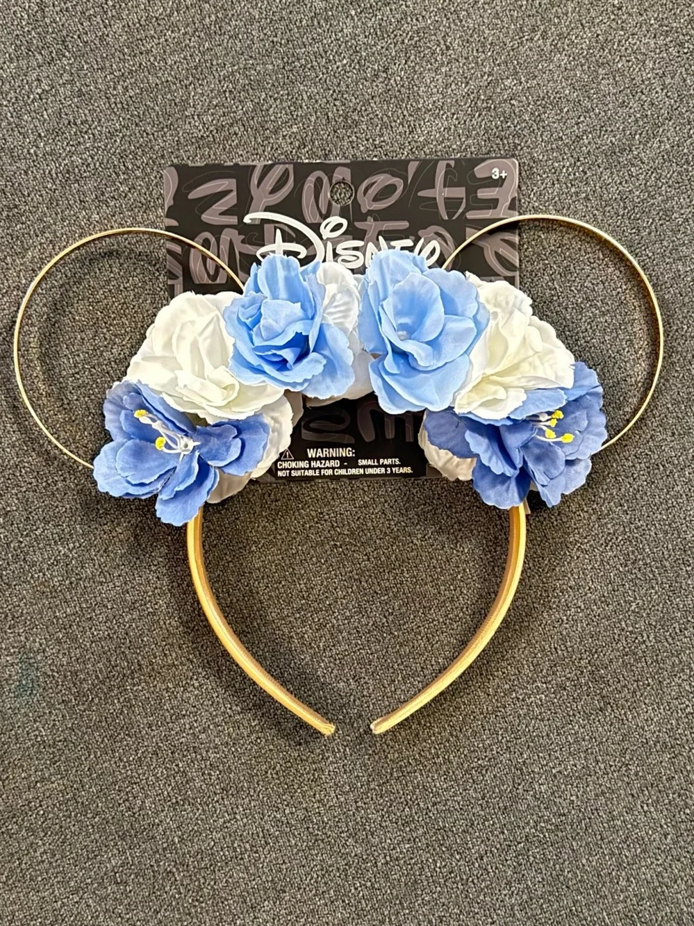 Disney Gold Minnie Ear Headband with Blue and White Fabric Flowers